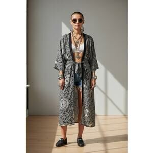 Bali Bagus Batik Boho Short  Cotton Robe Kimono Coverup S/M Black White